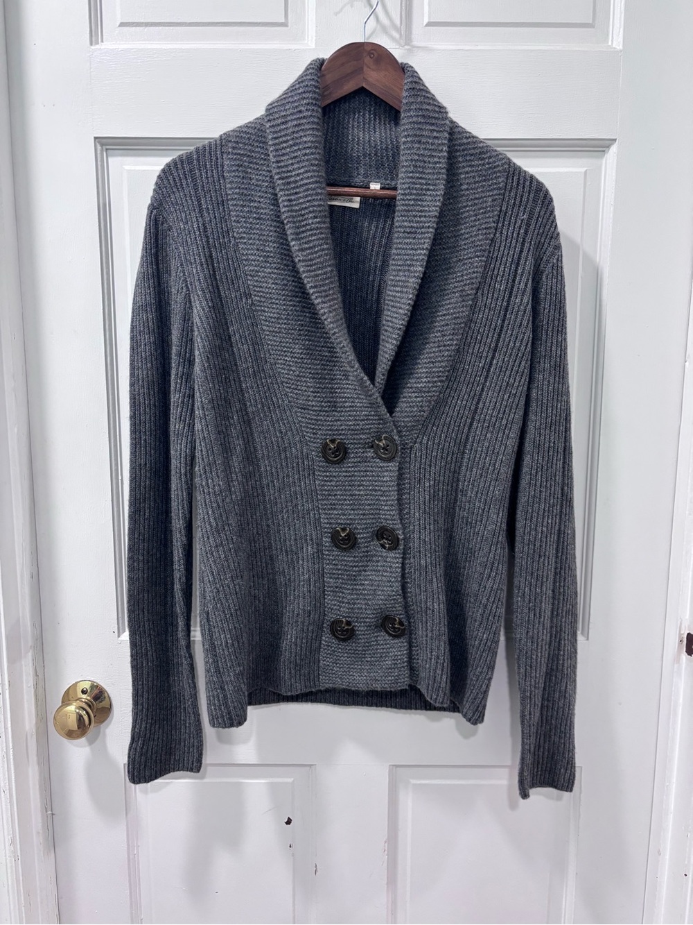 Martin + Osa Women’s 100% Cashmere Double Breasted Shawl Neck Sweater L Gray EUC
